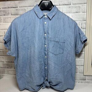 Madewell Smithley Chambray Oversized Button-Up Tie Front Top S Short Sleeve